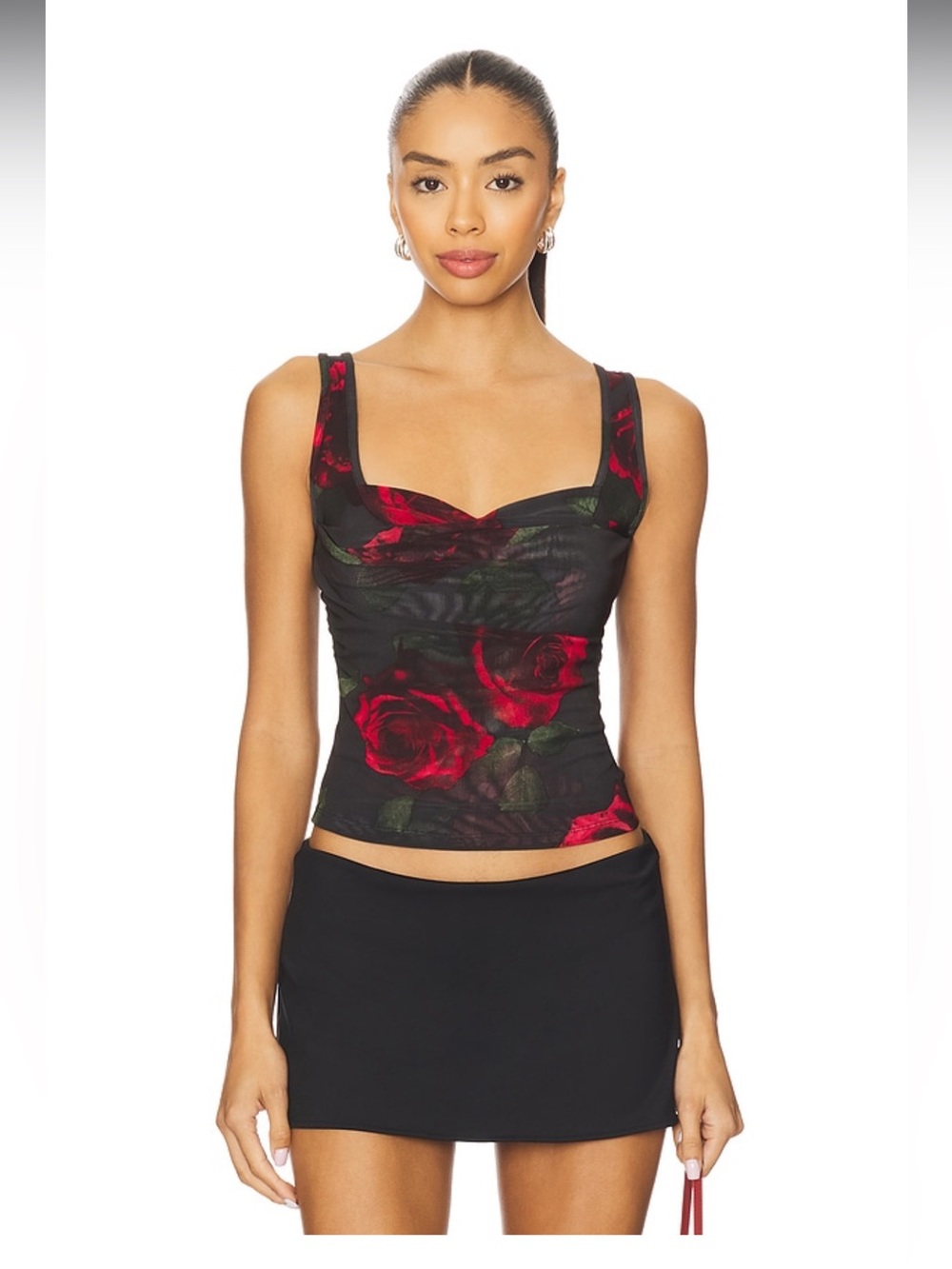 Good American Black Mesh Tank with Red Rose Print